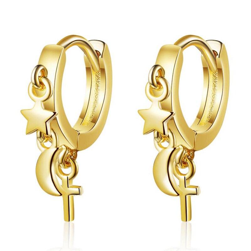 Trendy 925 Sterling Silver Earrings For Women Creative Moon Star Vintage Cross Hoops Jewelry Girl Accessories Party Gift