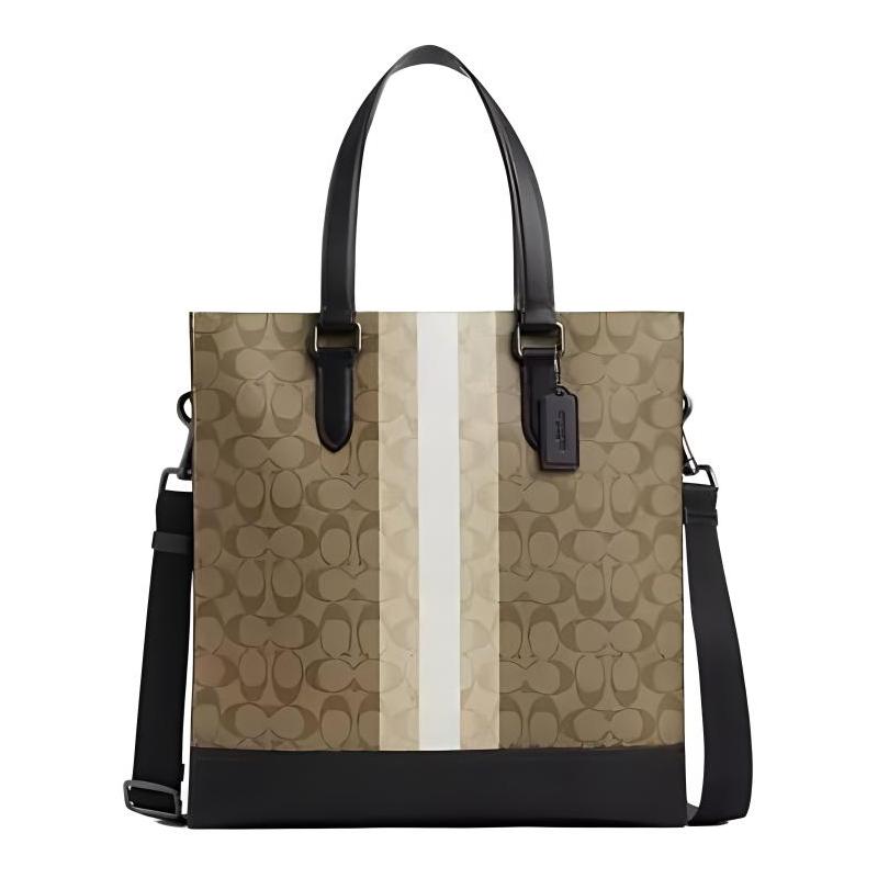 COACH shoulder bag Graham 36 striped design removable strap coated canvas and smooth calfskin Tote Tote shopping large size unisex couple model brown