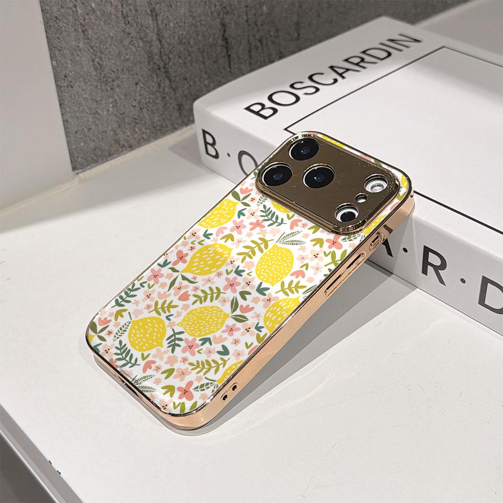 Lucky Start Phone Case For iPhone 17 16 15 14 13 12 11 Pro Max 16E Gold Electroplated Glass Shell Lemon Blossom Cover