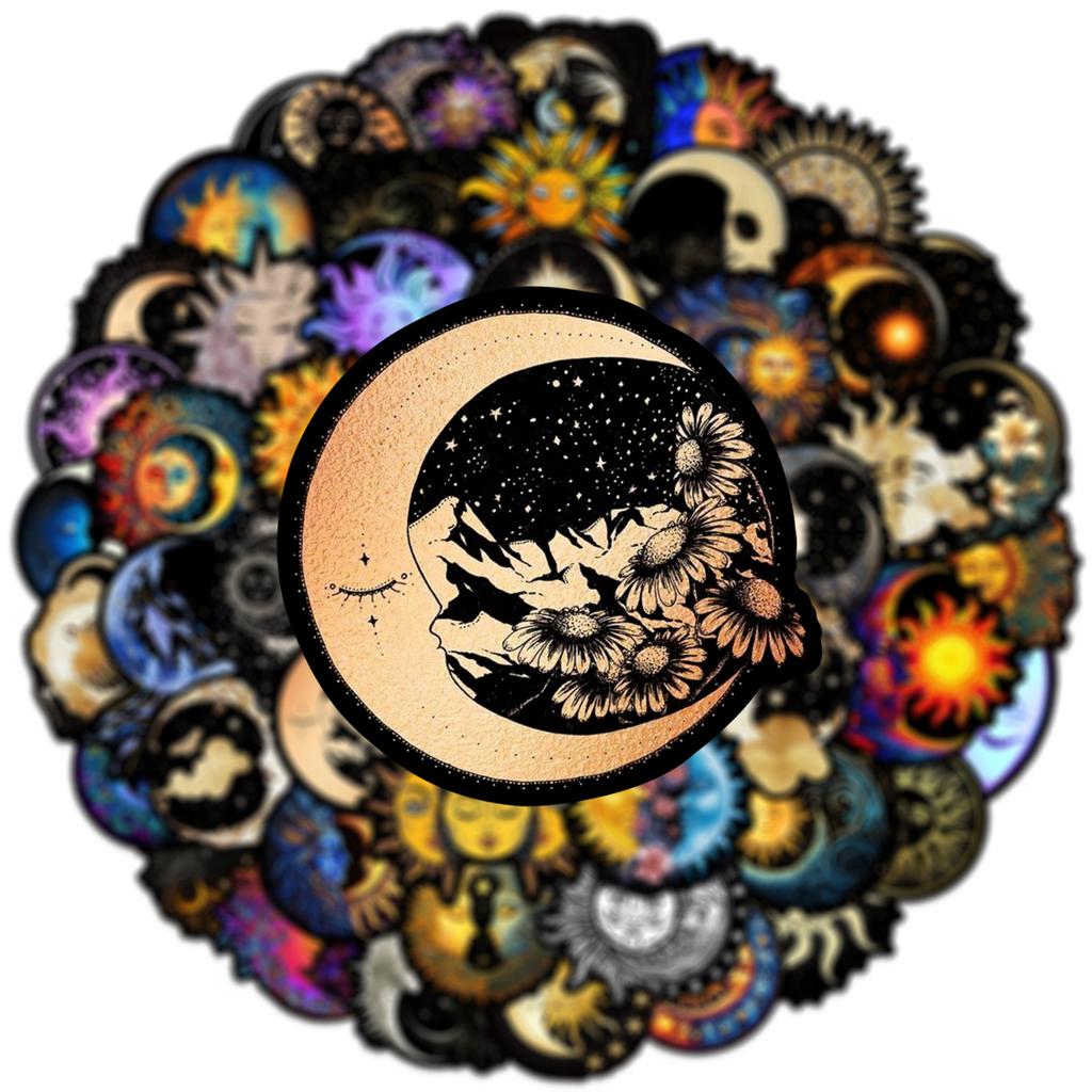50Pcs Art Moon Sun Stickers Moon DIY Scrapbooking Phone Luggage Skateboard Waterproof Decals