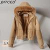 BITCED Women's Short-Length Puffer Coat Winter Fleece-Lined Thickened Cotton Jacket with Large Fur Collar Bread-Style Outerwear