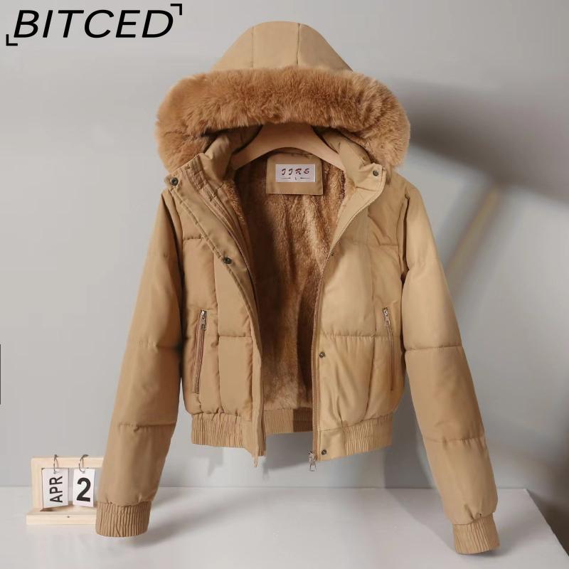 BITCED Women's Short-Length Puffer Coat Winter Fleece-Lined Thickened Cotton Jacket with Large Fur Collar Bread-Style Outerwear