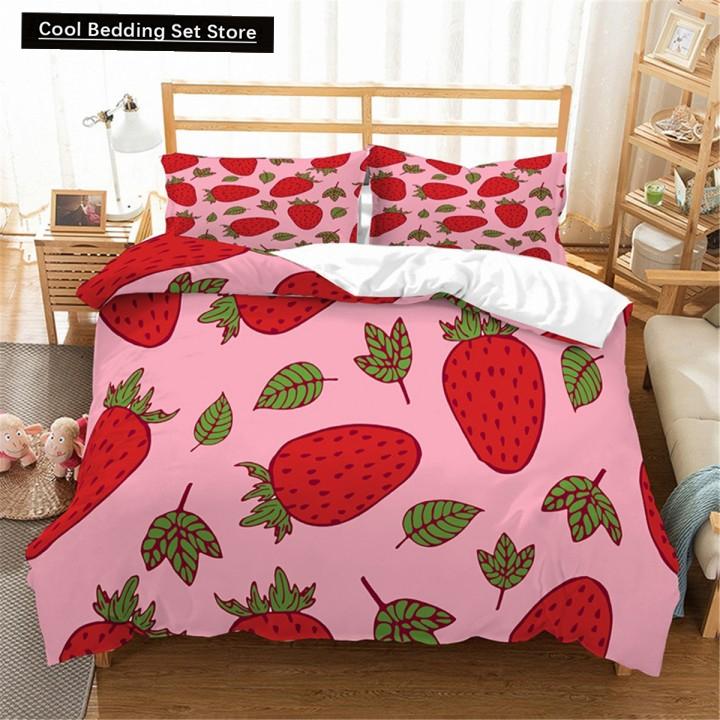 Red Strawberry Cute Bedding Set 3D Pink Lovely Summer Fruit Duvet Cover King Queen For Kids Girls 2/3Pcs Polyester Quilt Cover