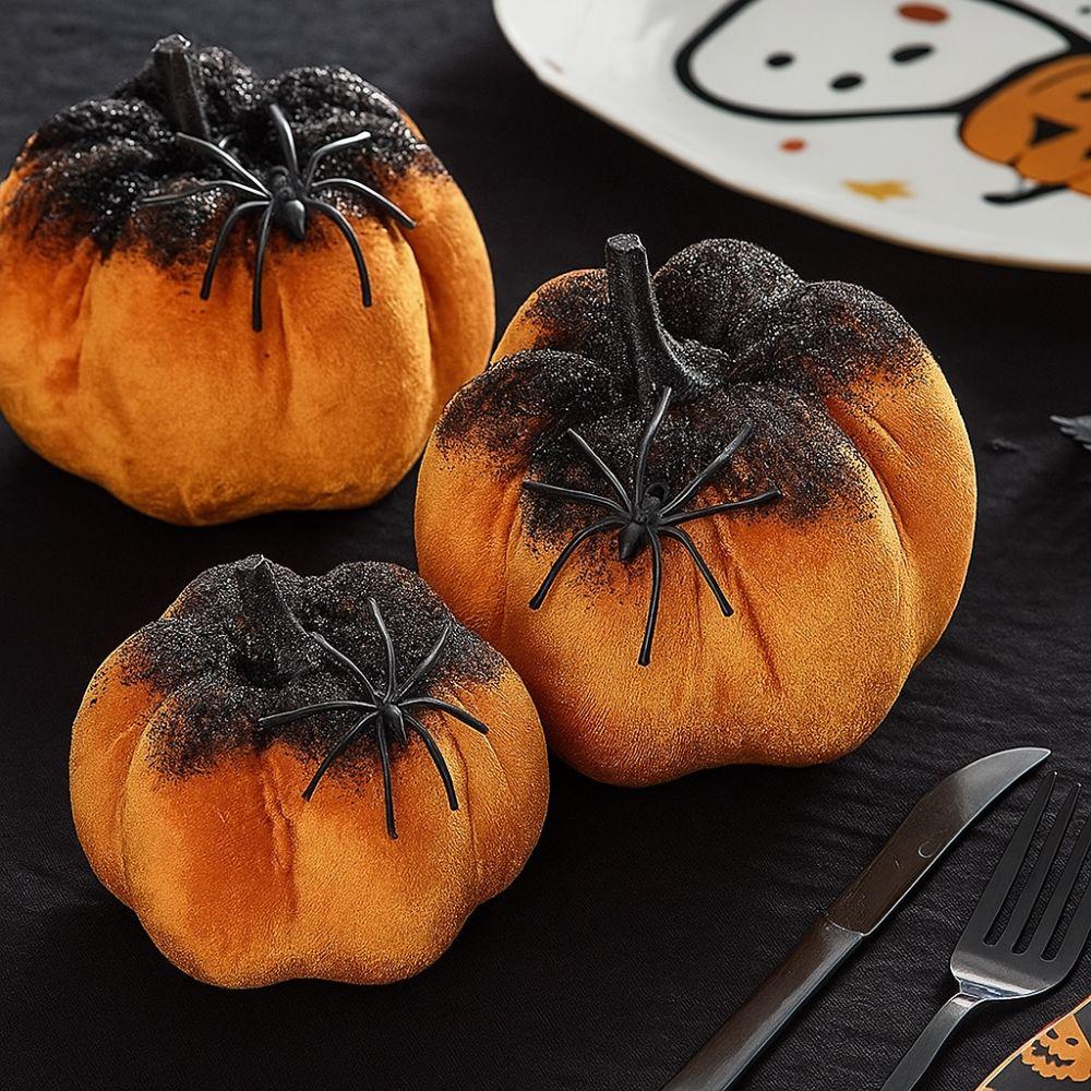 Flannel Halloween Pumpkin Decorations Handmade with Spider Pumpkin Figurine Rustic Harvest Pumpkin Ornament Table Decor