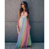 Spring Summer Women's Sexy Deep V Rainbow Mesh Strap Mini Dress, European American Style Crossbody Casual Party Dress