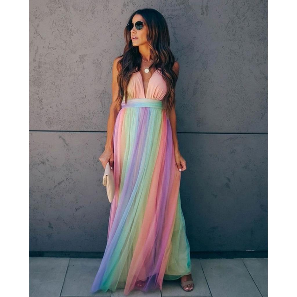 Spring Summer Women's Sexy Deep V Rainbow Mesh Strap Mini Dress, European American Style Crossbody Casual Party Dress