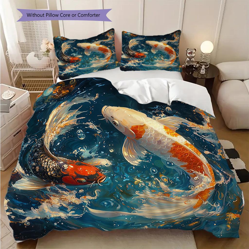 Koi Fish Pattern Bedding Quilt Set Quilt Cover Pillowcase Home Decoration Birthday Gift (1 * duvet cover + 2 * pillowcase, without core)