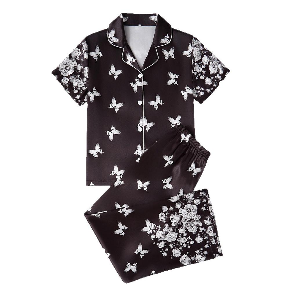 Pajamas satin short-sleeved shorts thin suit comfortable casual printed loungewear women's