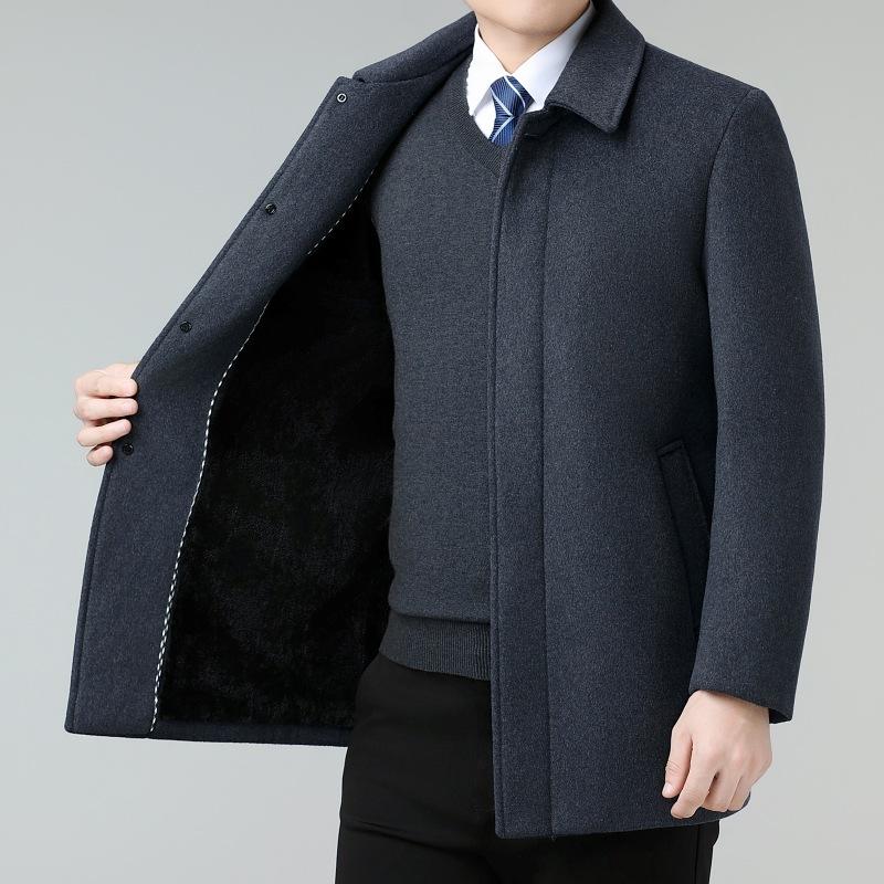 Winter Cashmere Coat Men's High-end Mid-length Woolen Coat Middle-aged Dad Lapel Wool Jacket Plus Velvet Thickening