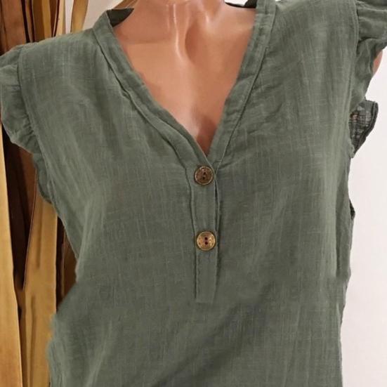 Women Blouse Ruffled Sleeve Loose V Neck Casual Cotton And Linen