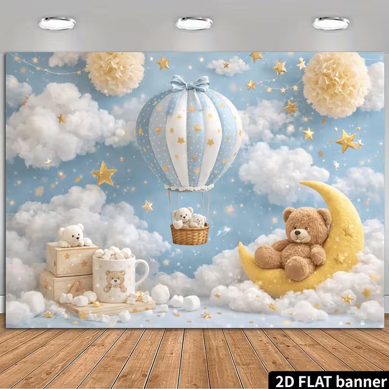 

2D Dreamy Nursery Backdrop, Moon Teddy & Stars Photo Booth Banner 47.2x31.5inch/120*80cm