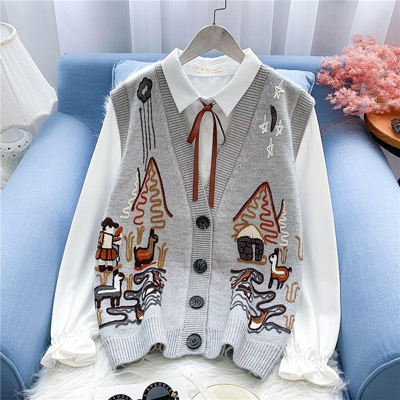 Spring  Autumn Knitted Vest Women Loose Knit Sleeveless Top V-neck Sleeveless Sweater Embroidered Cardigan Vest