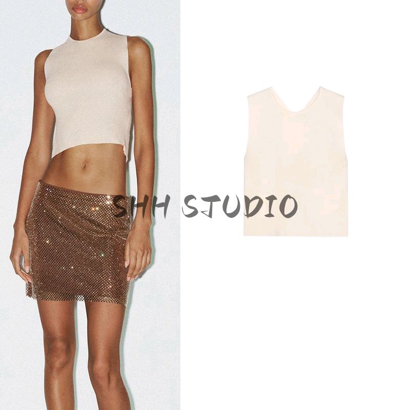 Summer New Product Women's Clothes French Style Design Back Slit Knitted round Neck Sleeveless Short Top 3646008