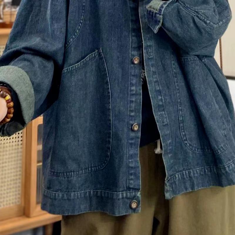 Women's Long-Sleeve Collared Denim Jacket Loose Trendy Versatile Casual Outerwear for Autumn