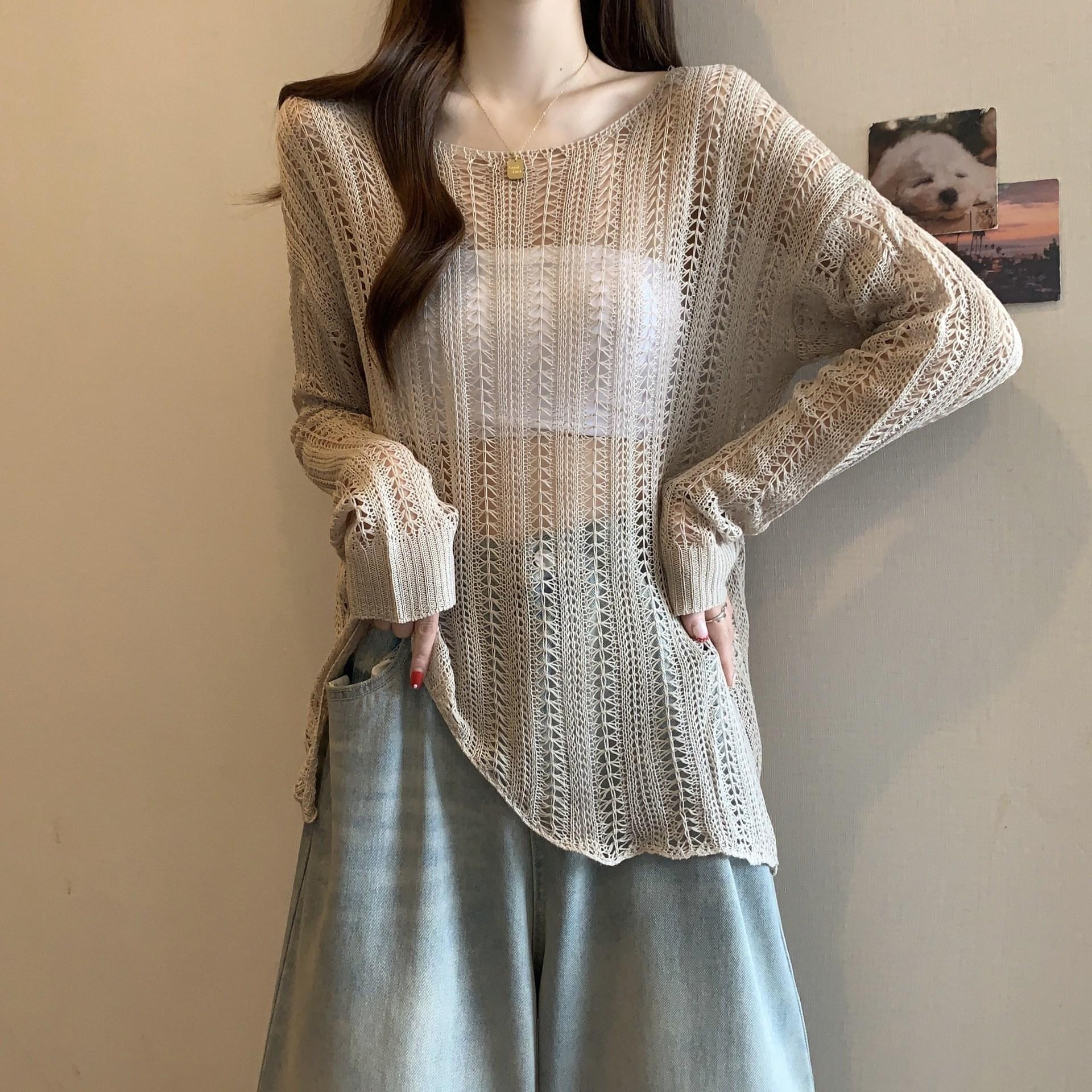 

Summer new hollow blouse women s fresh and sweet round neck pullover thin perspective irregular knitted sweater women Average size 53-305 абрикосовий