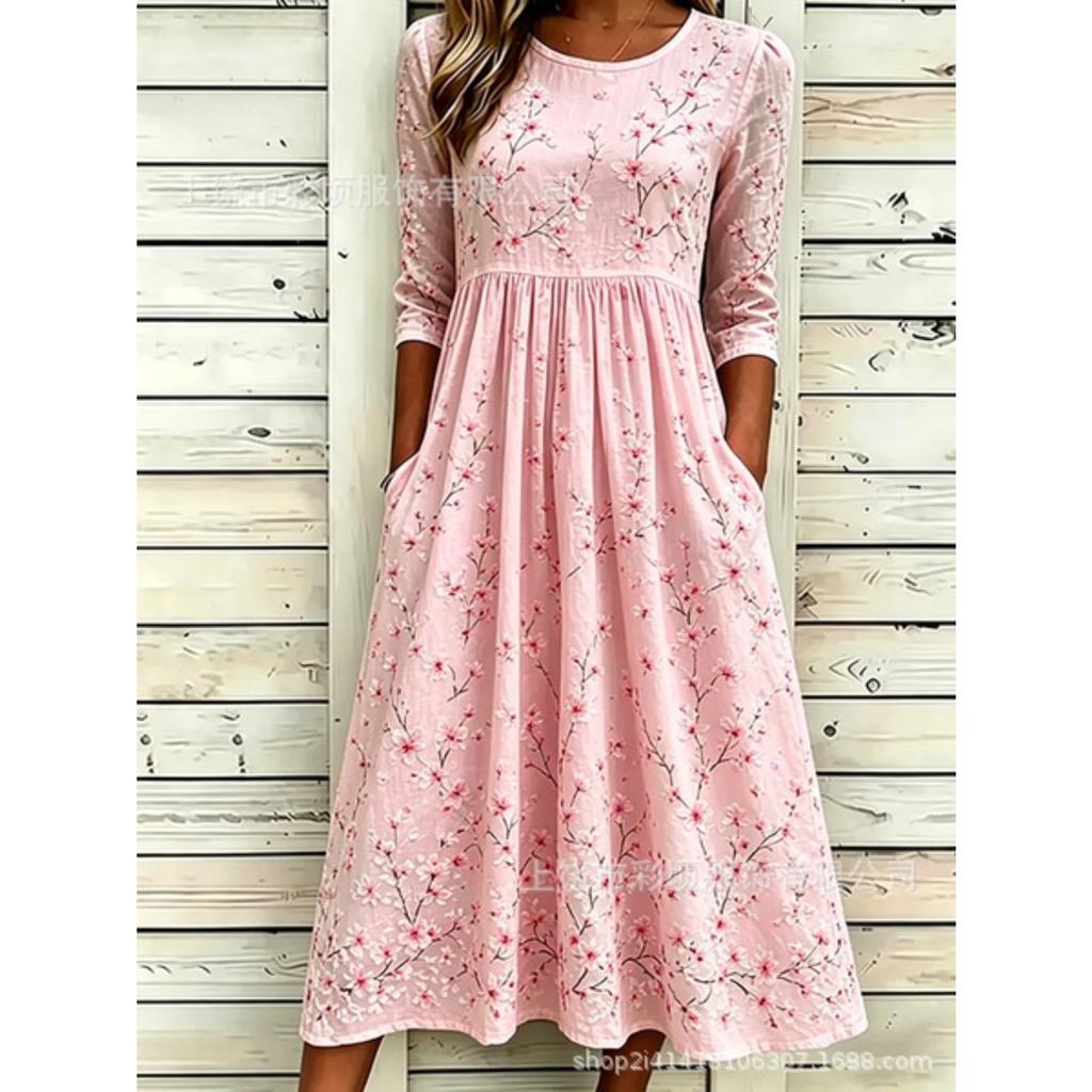 Women's Crew Neck Long Sleeve Loose Fit A-Line Midi Dress Casual 3D Floral Print