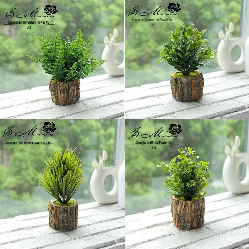 Creative Wooden Basin with Artificial Green Plant Bonsai Ornament for Display and Decoration.