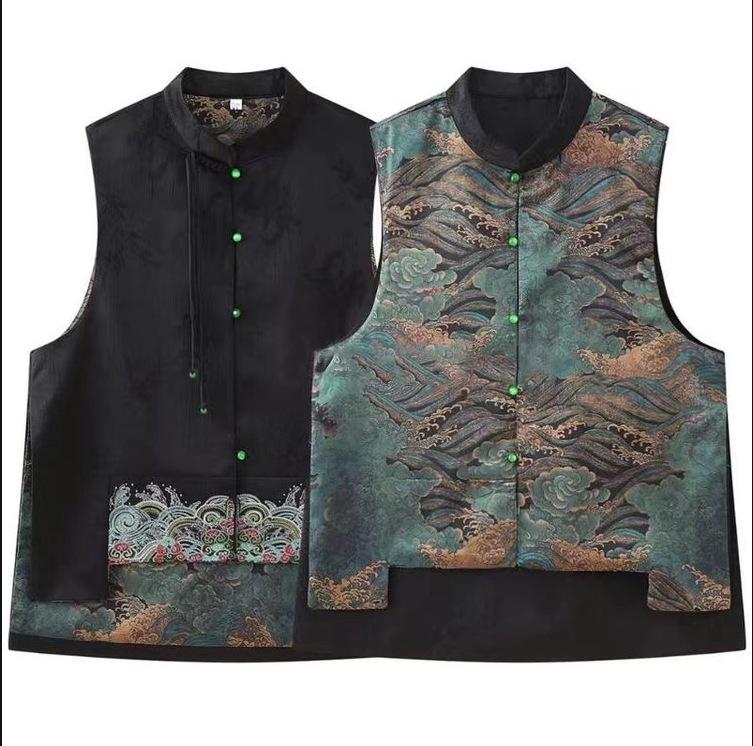 Jarní a podzimní retro čínský styl národní styl výšivky etnický styl tisk oboustranné oblečení módní stojáček krátká vesta pro ženy