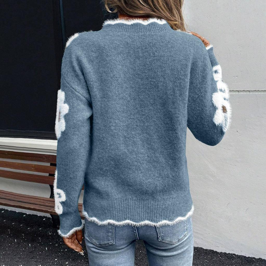 Women's Casual Fashion Elegant Floral  Knitted V-Neck Sweater