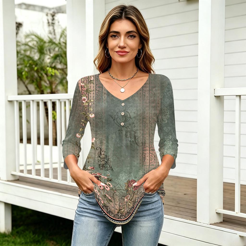 Women 3/4 Sleeve V Neck Button Detail Floral Print Tunic Top Casual Lightweight Blouse for Everyday Wear
