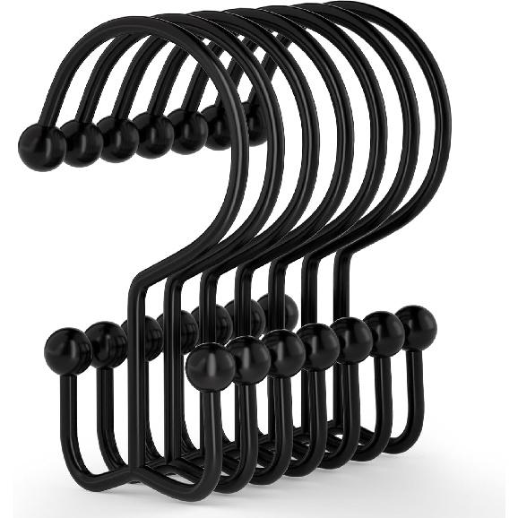 Goowin Shower Curtain Hooks, 12 Pcs Shower Curtain Rings, Durable Rust Proof Black Shower Curtain Hooks, Shower Rings for Curtain, Double Glide 12 Pack