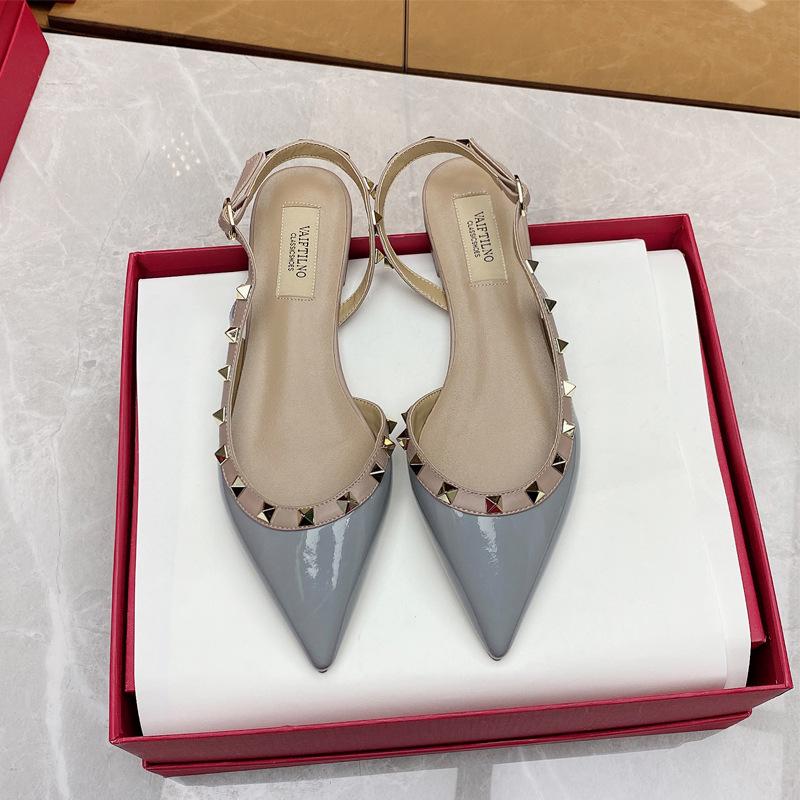 Spring and summer rivet tip one-word buckle flat shoes bag head flat heel leather willow shoes cool slippers women's outer wear