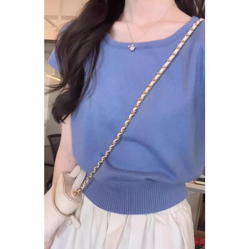 Womens Solid Color U Neck Short Sleeve Cropped Knit Top S