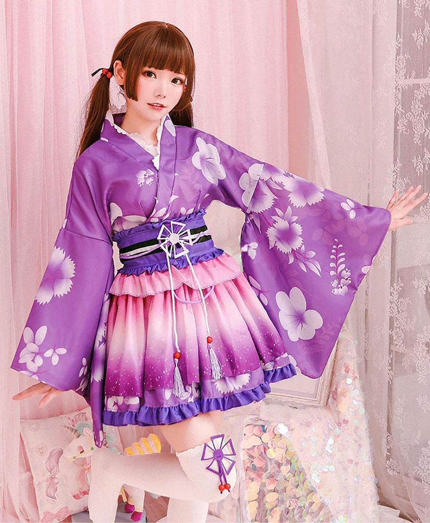 Milky Time Yukata, Japanese Style Miniskirt, Cute Cosplay Halloween Costume Set, Summer Festival, Oiran (Purple)