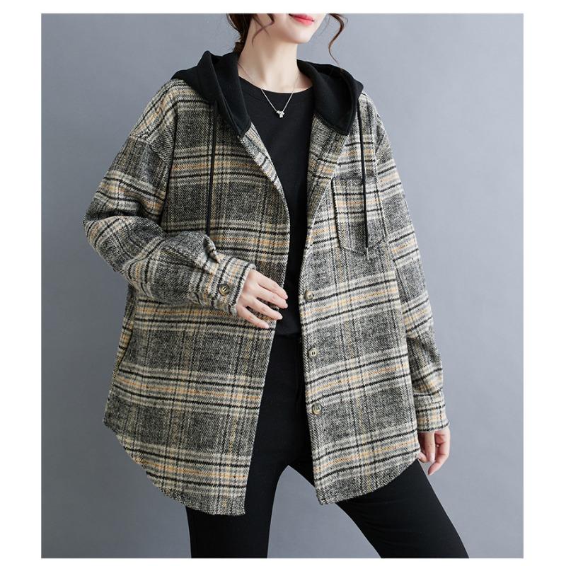 Women S Plus Size Hooded Plaid Wool Blend Shirt Coat For Autumn Winter