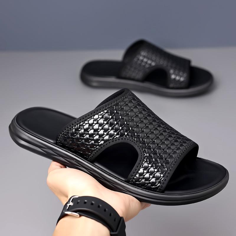 Fashion Summer Men Comfortable Woven Leather Flip Flops Fashion Korean Version Anti Slip Beach Shoes Clip Toe Slippers Set Toe Slippers