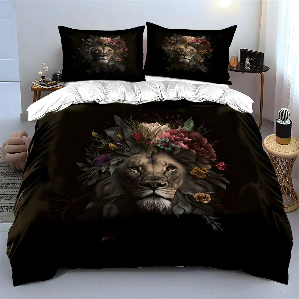 Lion Floral Art Decor Prints Soft Comfortable Duvet Cover Bedding Set Included 1*Duvet Cover & 2*Pillowcases gift