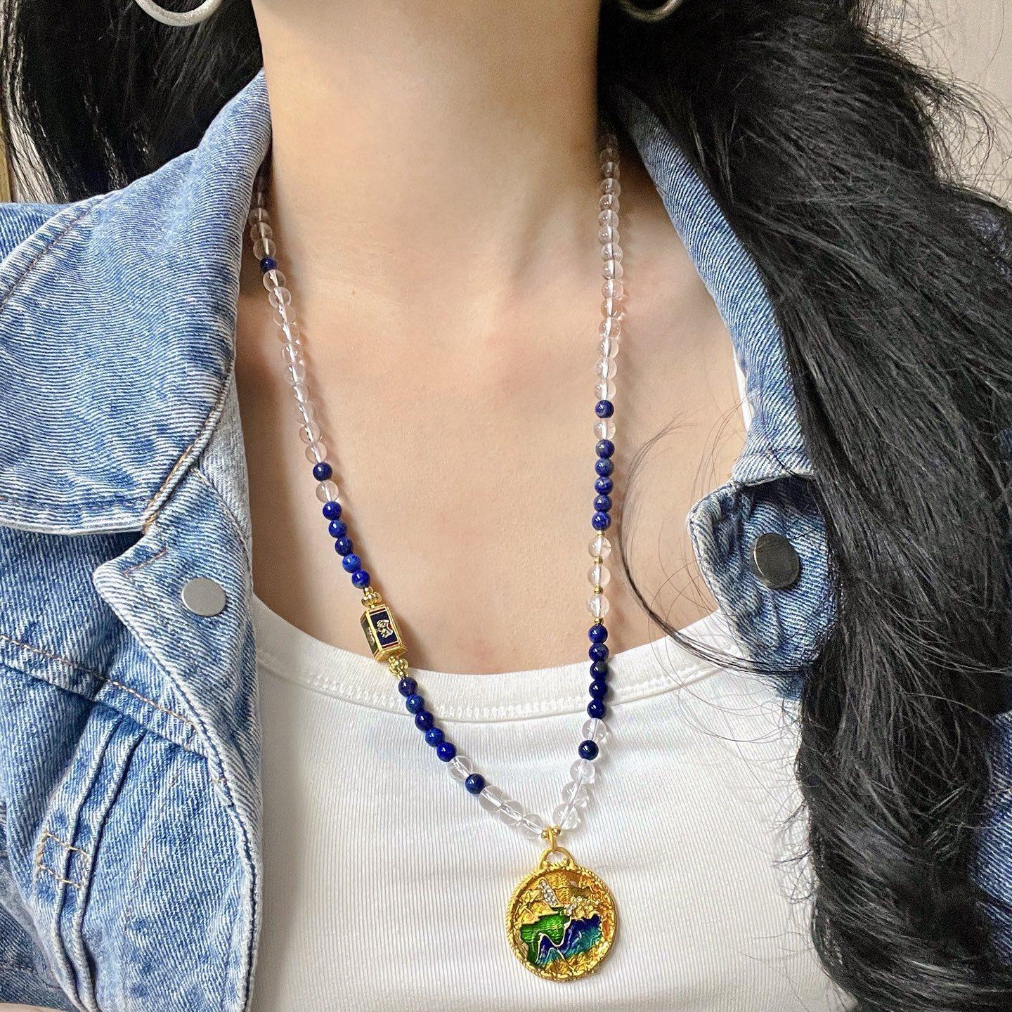 Design Sense Natural Lapis Lazuli White Crystal Design Sense Sweater Chain Pendant Necklace