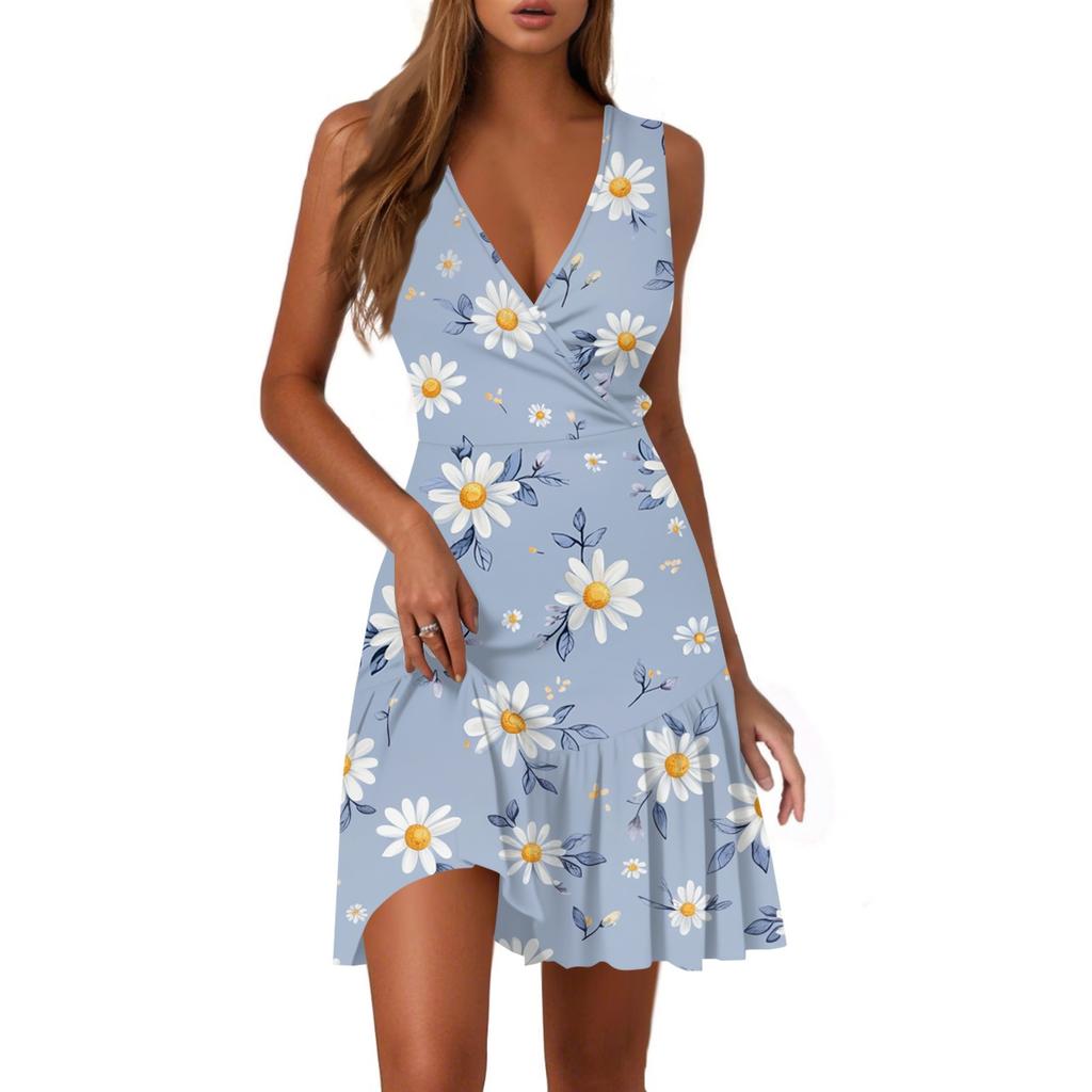 Ladies Casual Fashion V-Neck Sleeveless  Print Dress