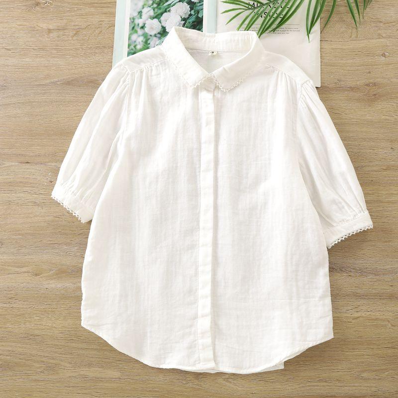 

Summer Fresh Preppy Sneaky Design Contrast Color Ingot Collar Pure Cotton Short sleeve Shirts Women Artistic Double-layer Cotton Yarn Top White M