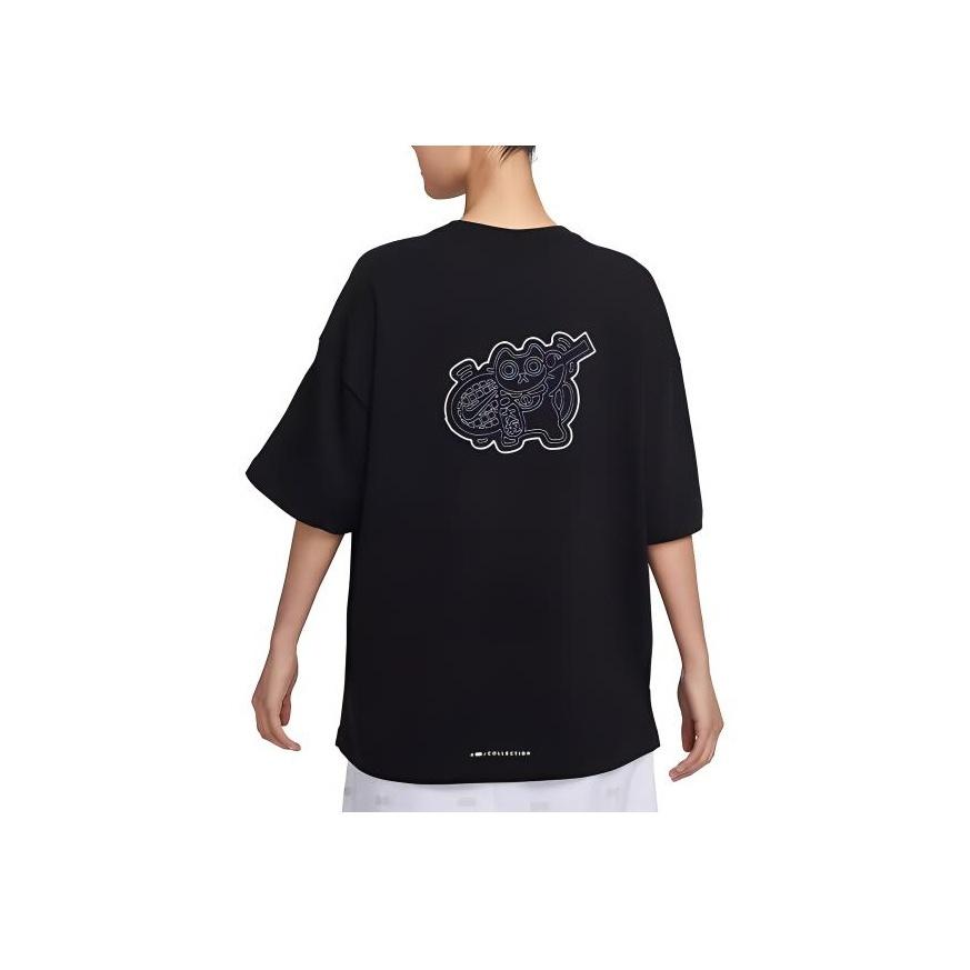 Nike Summer Cat Embroidery Casual Loose Round Neck Pullover Short Sleeve Drop Shoulder T-Shirt Women Tops Black FV0942-010