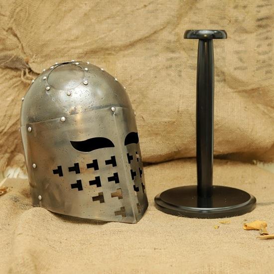 Weathered Steel Knight Helm  Medieval Crusader Cosplay Armor with Stand