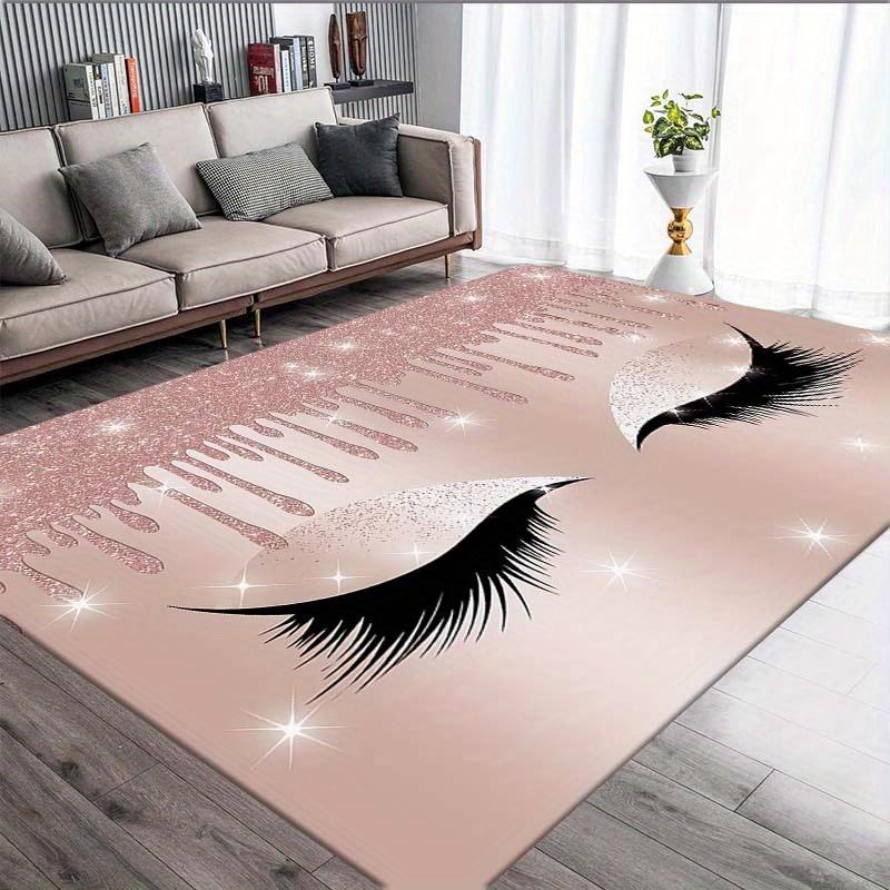 Glam Fashion Eyelash Themed Rug, Anti-Slip Mat with Rose Gold Glitter Design Vanity Room Bedroom,Chic Makeup Decorative Carpet