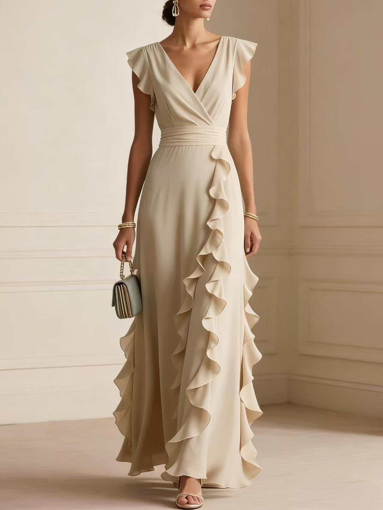 Women V Neck Sleeveless Ruffle Side Slit Maxi Dress Solid Beige S абрикосовый