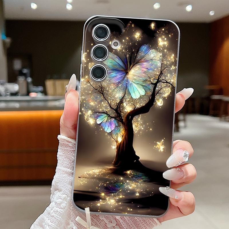 Shining Fantasy Tree Butterfly Pattern Case For Samsung Galaxy S26 Ultra S25 Edge S24 S23 S22 Plus S21 FE Leather Texture Silicone Cover