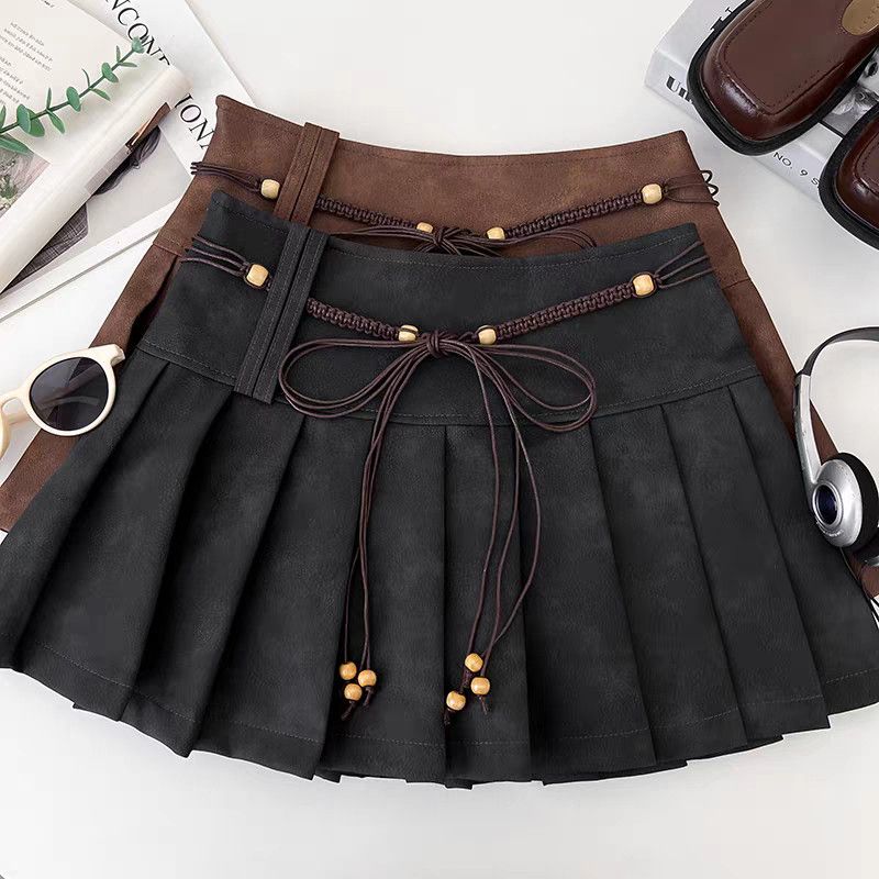Retro Pleated Skirt Brown High Waist A Line Mini Skirt Vintage Style