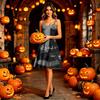 Womens Halloween Printed Dress Spaghetti Strap Off Shoulder Sleeveless A Line Midi Dress with Tie Detail