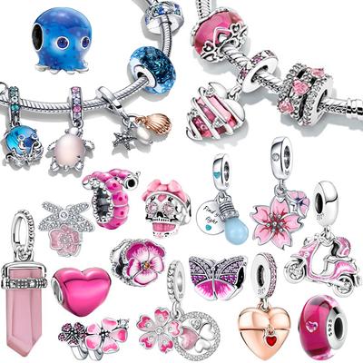Pink Charms Murano Glass Beads 925 Fit Bracelet Necklace Charm 925 Silver Pendant Jewelry