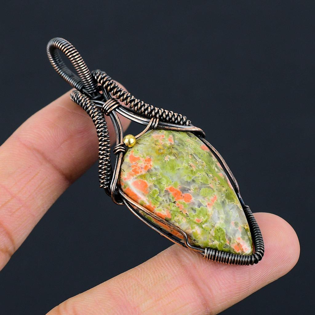 Unakite Gemstone Pure Copper Wire Wrapped Handmade Pendant Jewelry For Gift