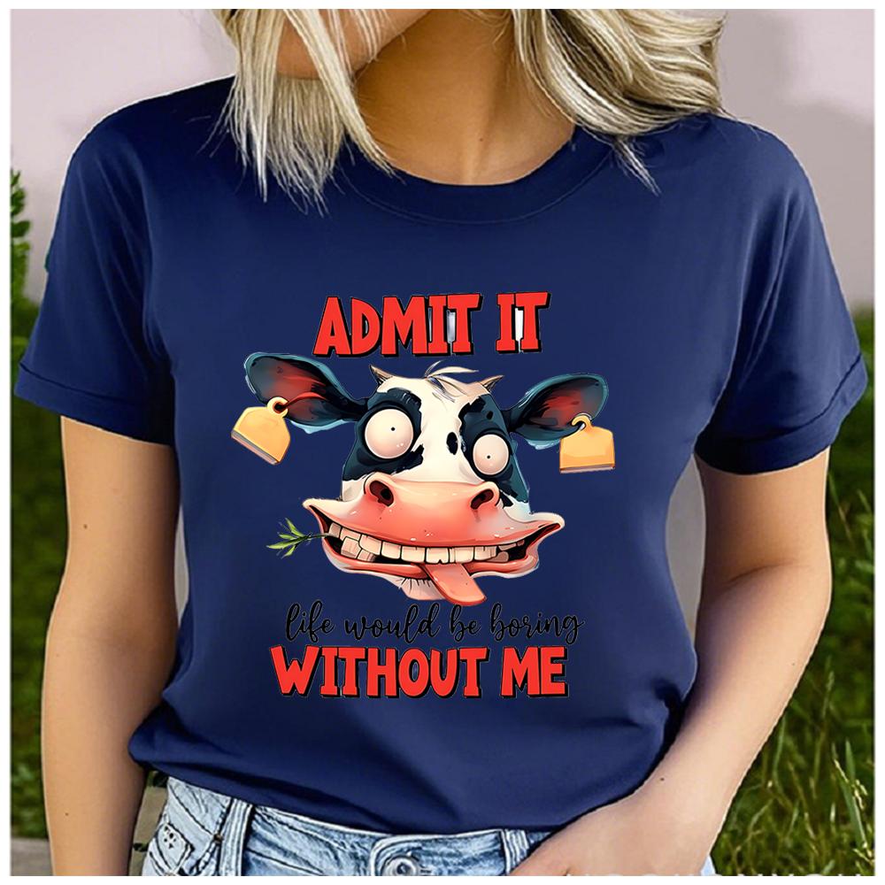 Unisex 100% Polyester Summer Top A witty and self-important cartoon cow Print Loose round Neck Short Sleeve Fashion for Lovers