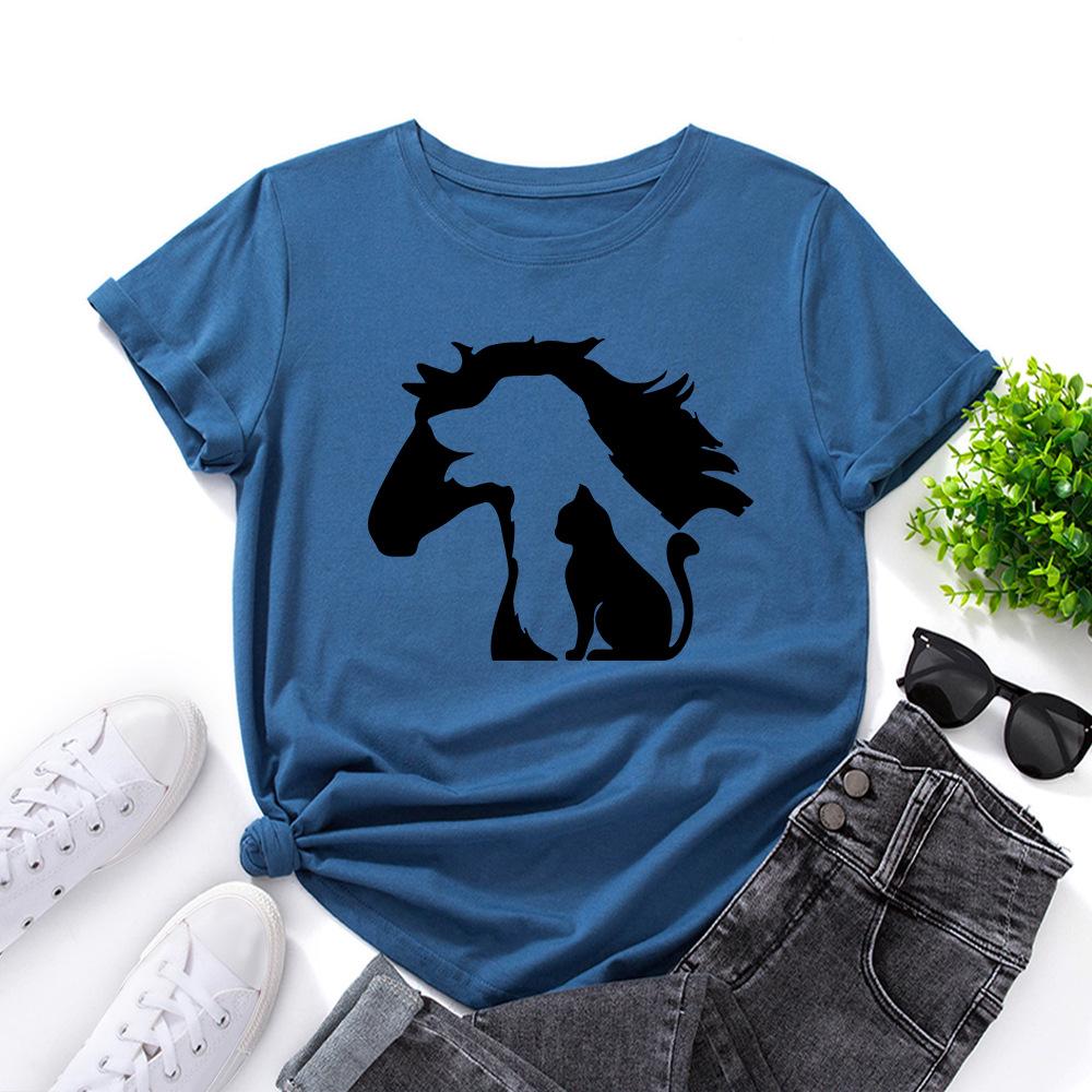 Silhouette Animals Cotton T-Shirt Short Sleeve Round Neck Women 2d Print Tops