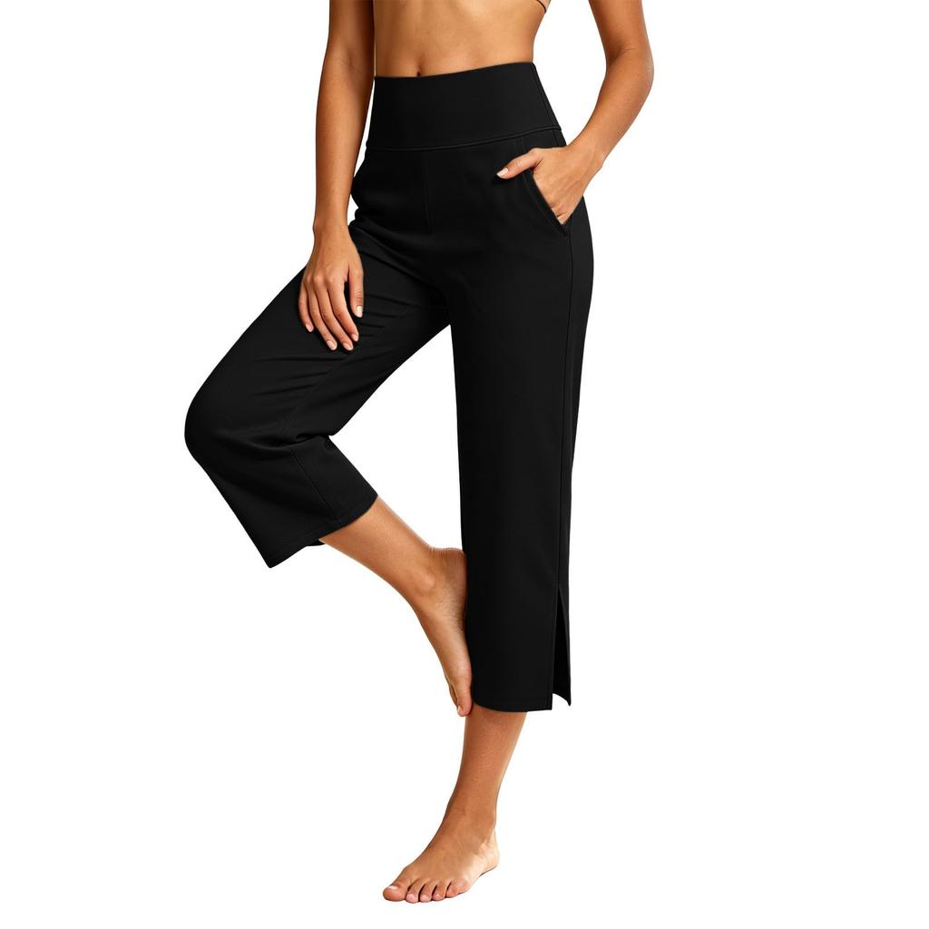 Women High Waist Casual Pants with Pockets Wide Leg Cropped Stretchy Athletic Capris with Side Slits for Everyday Wear