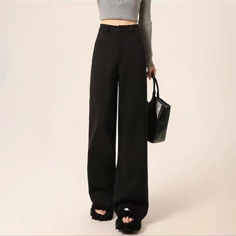 

Plus Velvet Thick High-End Woolen Wide-Leg Pants for Women: Slim-Fit, Business Style, Perfect for Autumn and Winter. Black, Regular (For 161 cm and below)