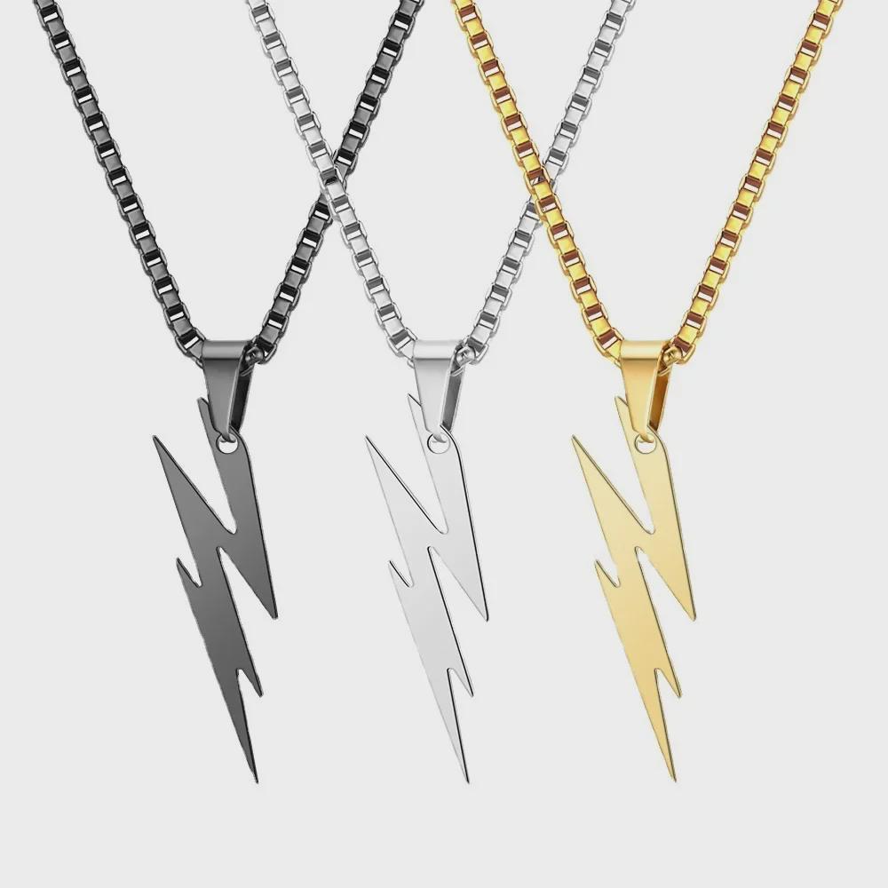 European & American Hip Hop Titanium Steel Lightning Pendant Necklace with Men's Square Pearl.