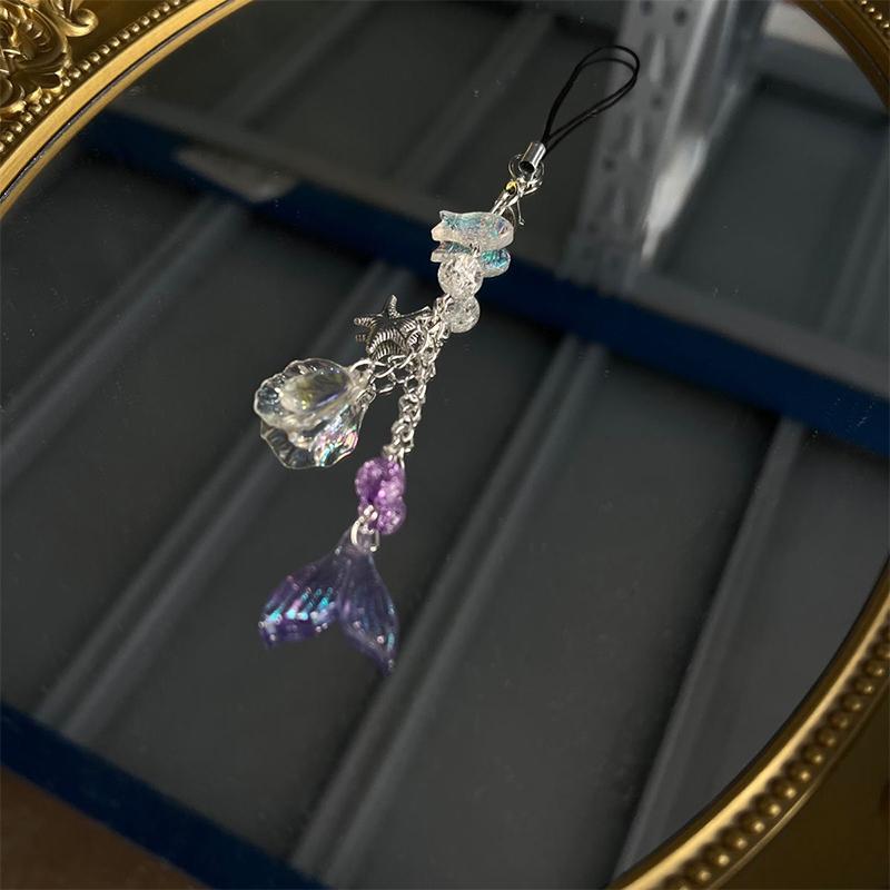 Transparent Five-Pointed Star Flowers Phone Charms Pendant Purple Beaded Fishtail Pendant Phone Lanyard Bag Keychain