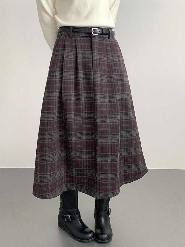 Ou Fan Retro Coffee Plaid Woolen Women's A-line Skirt, Autumn/Winter Slimming Long Skirt, Style 11071